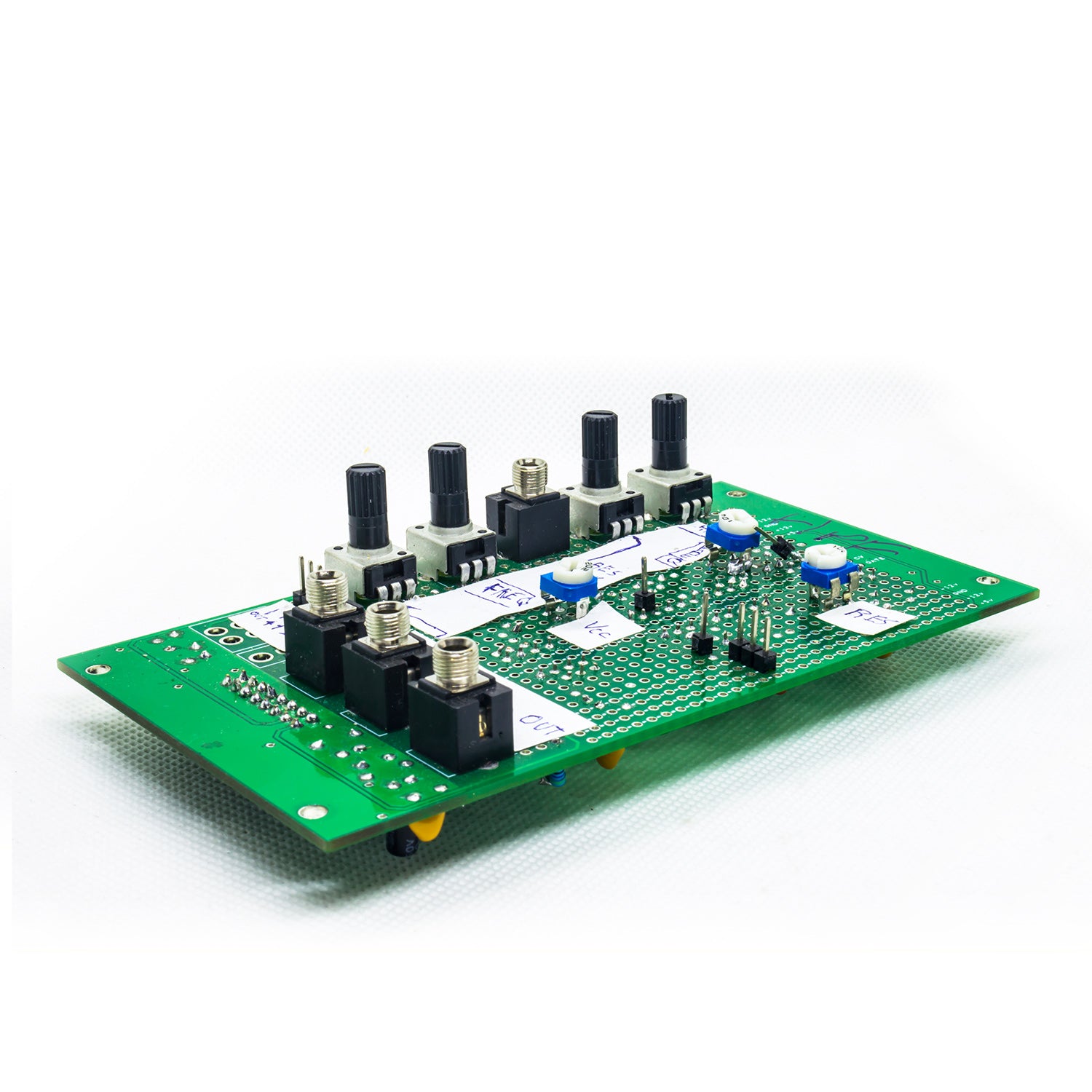 Eurorack Prototyping Board for modular synthesizer design. Populated front example