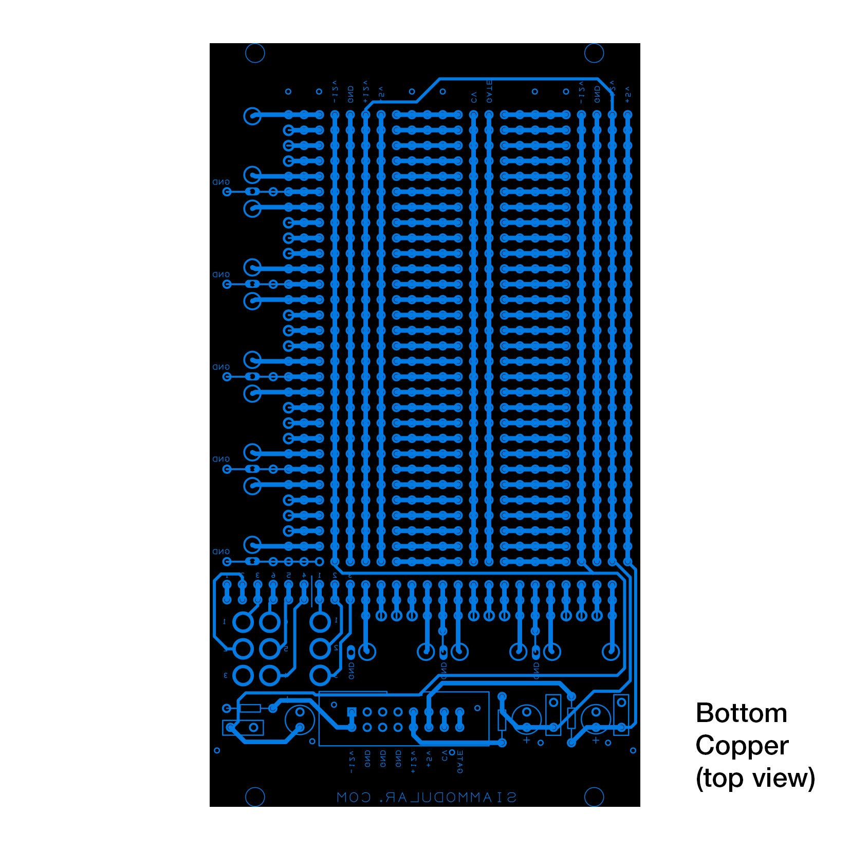 Eurorack Prototyping Board for modular synthesizer design. Bottom Copper Layer