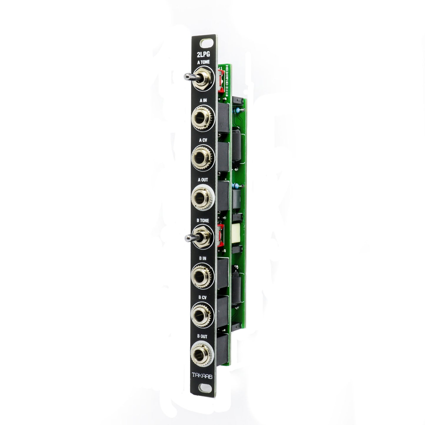 Takaab 2LPG - Dual Passive Low Pass Gate synthesizer module for eurorack synths. Side angle view